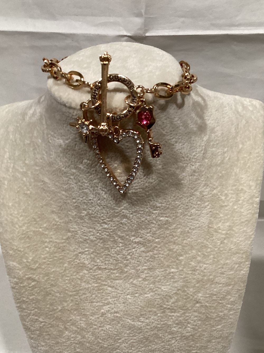 Gold-Tone Heart Toggle Charm Necklace with Pink Crystal Accent